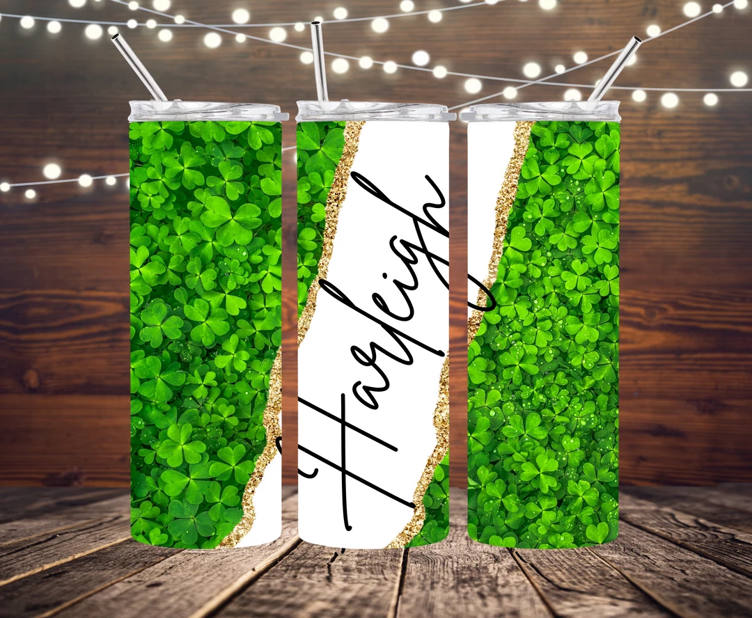 Hustle & Heart NC Lucky Lady Shamrock Personalized Custom Completed 20oz Skinny Tumbler St. Patrick's Day