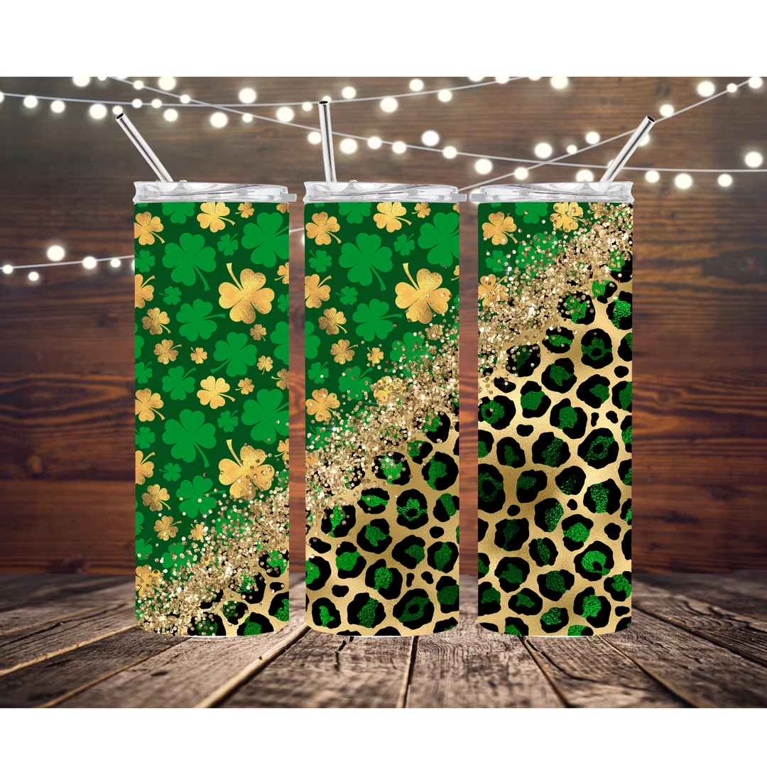 Hustle & Heart NC Tumbler Of The Week Leopard And Shamrock City St Patricks Day 20oz Skinny Tumbler
