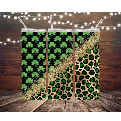 Hustle & Heart NC Leopard And Shamrocks On Black St Patricks Day 20oz Skinny Tumbler Tumbler Of The Week