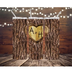 Hustle & Heart NC Faux Tree Carving Valentine Love Completed 20oz Skinny Tumbler St. Patrick's Day