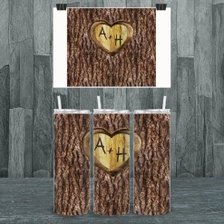 Hustle & Heart NC Faux Tree Carving Valentine Love Completed 20oz Skinny Tumbler St. Patrick's Day