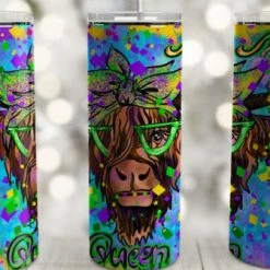 Hustle & Heart NC Mardi Gras Queen Highland Cow Completed 20oz Skinny Tumbler