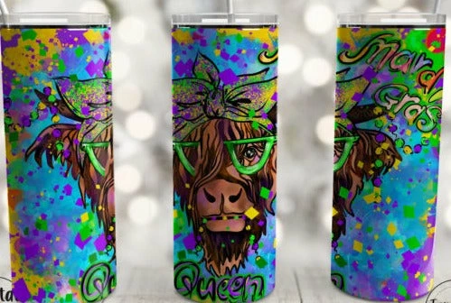 Hustle & Heart NC Mardi Gras Queen Highland Cow Completed 20oz Skinny Tumbler