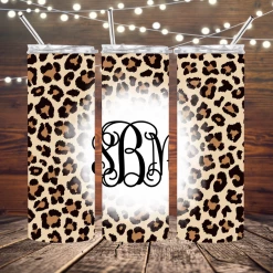 Hustle & Heart NC Leopard Print Vine Monogram Stainless Steel 20oz Tumbler Monogram Tees