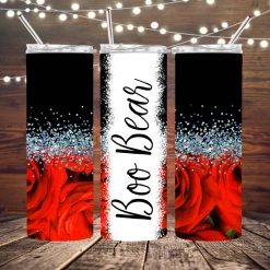 Hustle & Heart NC Valentine's Anniversary Black With Red Roses And Silver Holographic Faux Glitter And Bleach Completed 20oz Skinny Tumbler