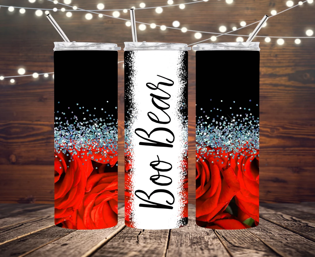 Hustle & Heart NC Valentine's Anniversary Black With Red Roses And Silver Holographic Faux Glitter And Bleach Completed 20oz Skinny Tumbler