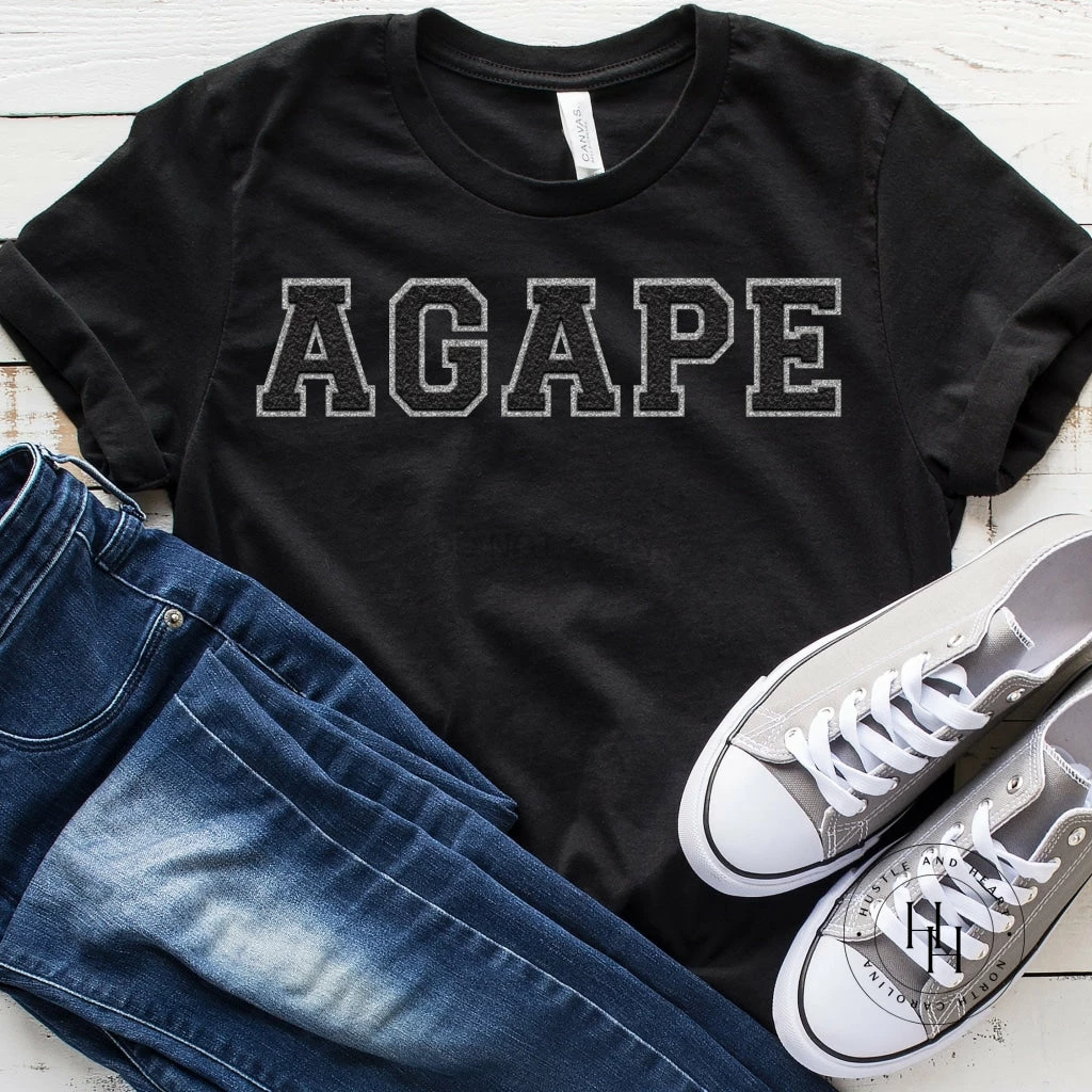 Hustle And Heart NC Faux Chenille And Glitter Letter Patch Tees Agape Black/Silver Faux Chenille Letters Graphic Tee