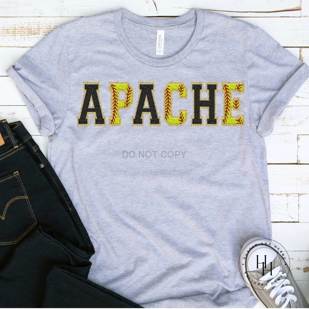 Hustle And Heart NC Apache Black/Softball Faux Chenille Letters Graphic Tee
