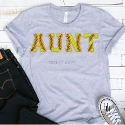 Hustle And Heart NC Aunt Softball Faux Chenille Letters Graphic Tee Faux Chenille And Glitter Letter Patch Tees