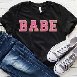 Hustle And Heart NC Faux Chenille And Glitter Letter Patch Tees Babe Pink/Gold Faux Chenille Letters Graphic Tee