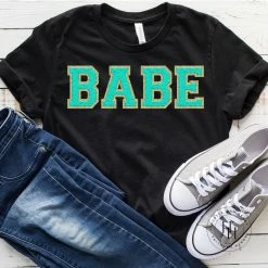 Hustle And Heart NC BABE Turq/Gold Faux Chenille Letters Graphic Tee