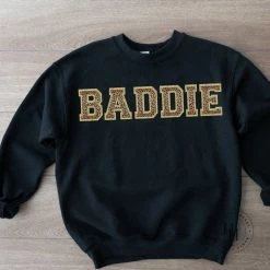 Hustle And Heart NC Baddie Leopard Faux Chenille Letters Graphic Tee Faux Chenille And Glitter Letter Patch Tees