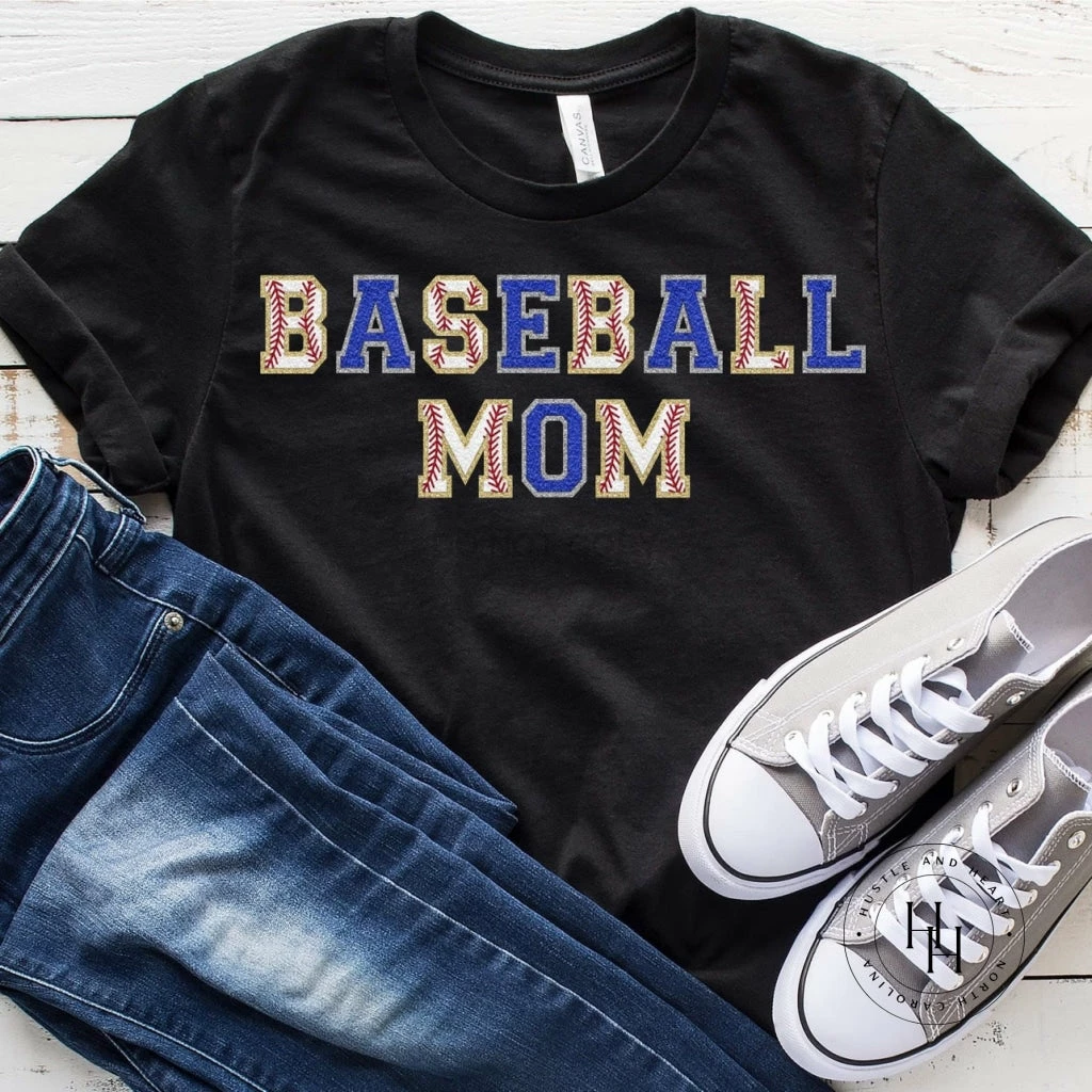 Hustle And Heart NC Baseball Mom Royal Blue Faux Chenille Letters Graphic Tee