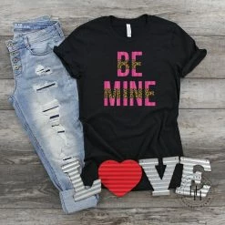 Hustle & Heart NC Valentine's Day Be Mine Hot Pink And Leopard Split Graphic Tee