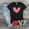 Hustle & Heart NC Valentine's Day Be Mine Pink And White Striped Heart Graphic Tee