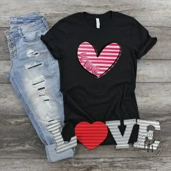 Hustle & Heart NC Valentine's Day Be Mine Pink And White Striped Heart Graphic Tee