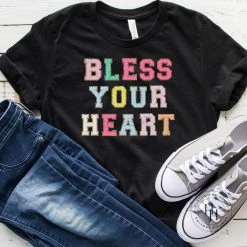 Hustle And Heart NC Faux Chenille And Glitter Letter Patch Tees Bless Your Heart Colorful Faux Chenille Letters Graphic Tee