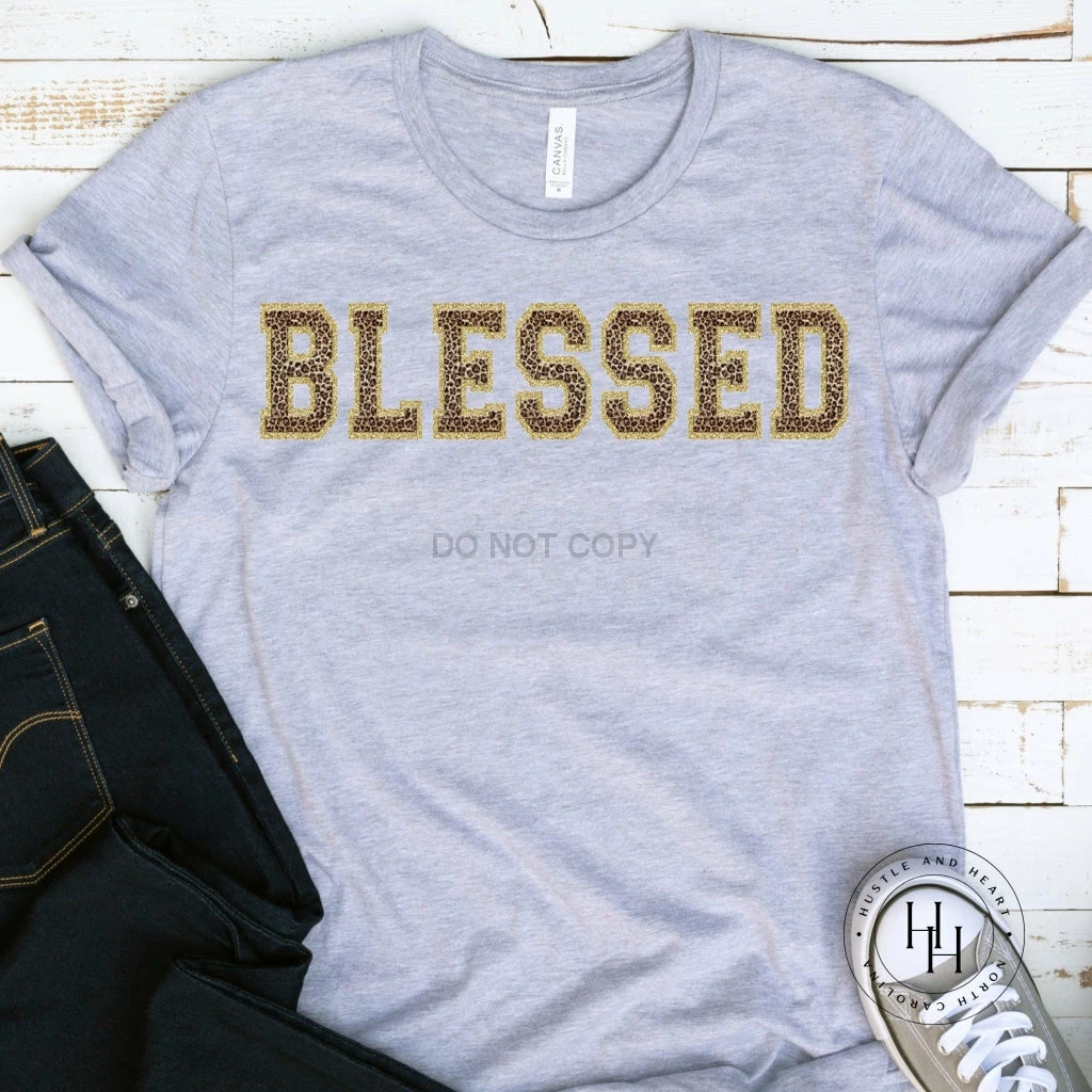 Hustle And Heart NC Blessed Leopard Faux Chenille Letters Graphic Tee