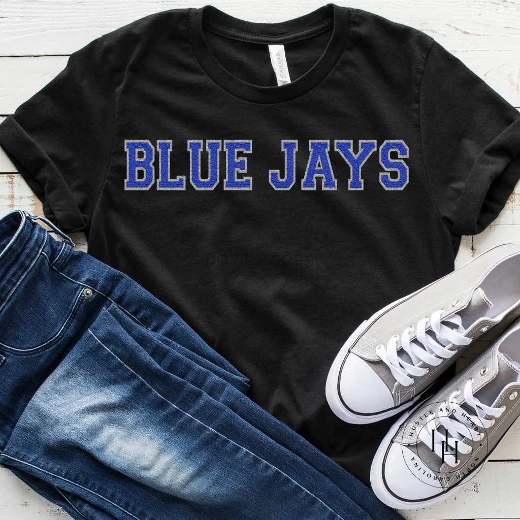 Hustle And Heart NC Blue Jays Faux Chenille Letters Graphic Tee Faux Chenille And Glitter Letter Patch Tees