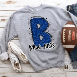 Hustle & Heart NC School Doodle Designs Blue Jays Blue Glitter Varsity Doodle