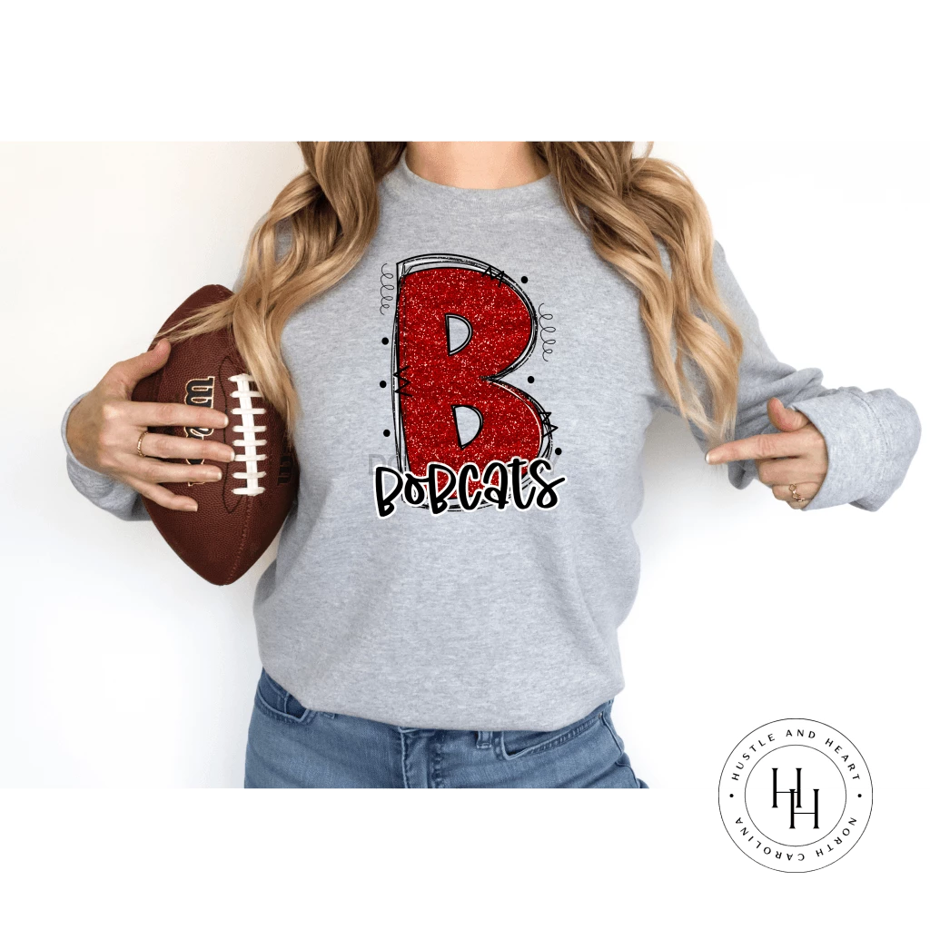 Hustle & Heart NC Bobcats Red Glitter Varsity Doodle
