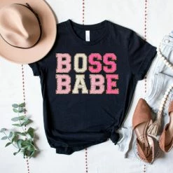 Hustle And Heart NC Faux Chenille And Glitter Letter Patch Tees Boss Babe Faux Chenille Letters Graphic Tee