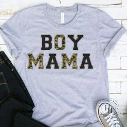 Hustle And Heart NC Faux Chenille And Glitter Letter Patch Tees Boy Mama Camo/Black Faux Chenille Letters Graphic Tee