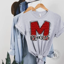 Hustle & Heart NC School Doodle Designs Broncos M Red Glitter Varsity Doodle