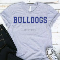 Hustle And Heart NC Faux Chenille And Glitter Letter Patch Tees Bulldogs Royal/Silver Faux Chenille Letters Graphic Tee