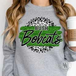 Hustle & Heart NC Bush Bobcats Grey Leopard Graphic Tee Faux Glitter Leopard Circle Designs