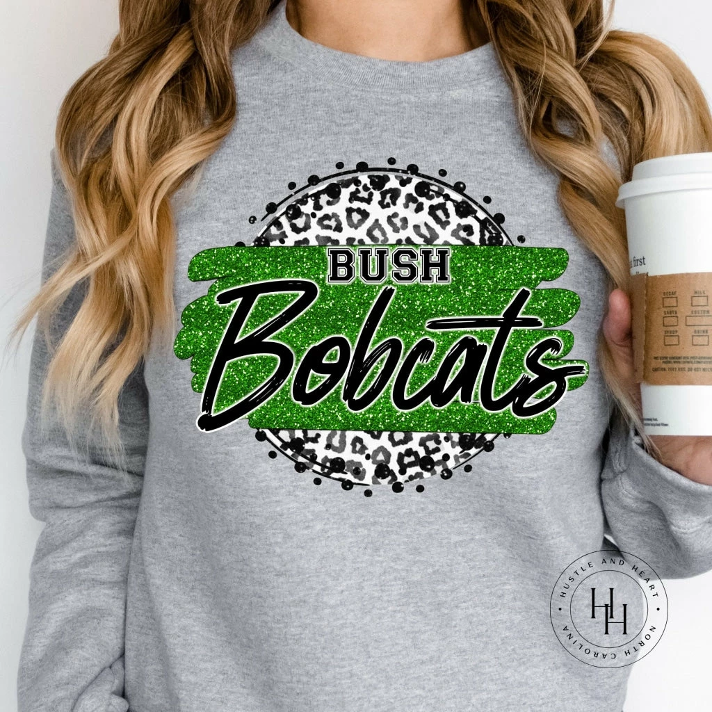 Hustle & Heart NC Bush Bobcats Grey Leopard Graphic Tee Faux Glitter Leopard Circle Designs