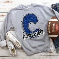 Hustle & Heart NC School Doodle Designs Cavemen Blue Glitter Varsity Doodle