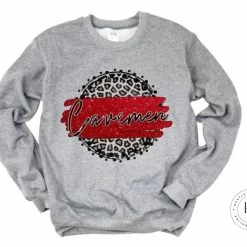 Hustle & Heart NC Cavemen Red/Black With White Outline Faux Glitter Leopard Circle Designs
