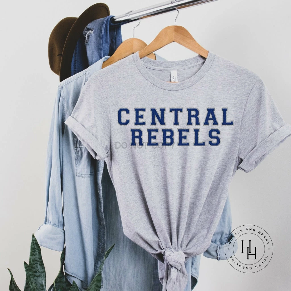Hustle And Heart NC Faux Chenille And Glitter Letter Patch Tees Central Rebels Royal Blue Faux Chenille Letters Graphic Tee