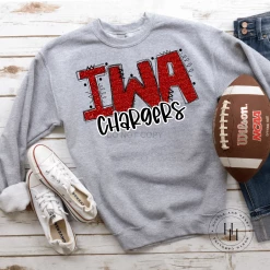 Hustle & Heart NC School Doodle Designs Chargers Red/Black Glitter Varsity Doodle