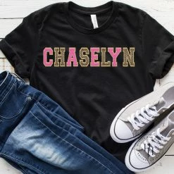 Hustle And Heart NC Chaselyn Hot Pink/Leopard/Gold Faux Chenille Letters Graphic Tee