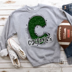 Hustle & Heart NC School Doodle Designs Cyclones Dark Green Glitter Varsity Doodle