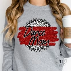Hustle & Heart NC Faux Glitter Leopard Circle Designs Dance Mom Red Grey Leopard Circle Graphic Tee