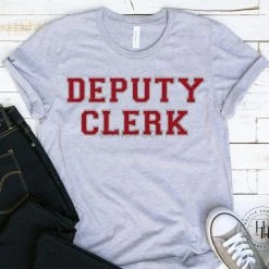 Hustle And Heart NC Faux Chenille And Glitter Letter Patch Tees Deputy Clerk Red/Silver Faux Chenille Letters Graphic Tee
