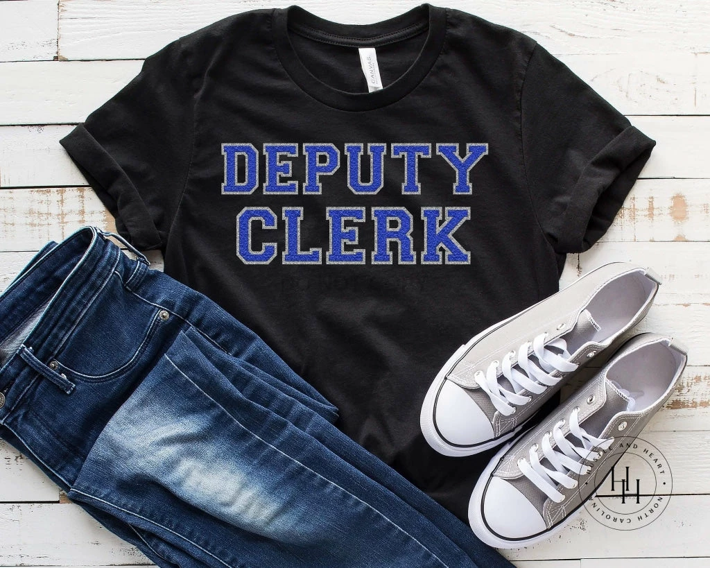 Hustle And Heart NC Deputy Clerk Royal Blue/Silver Faux Chenille Letters Graphic Tee Faux Chenille And Glitter Letter Patch Tees