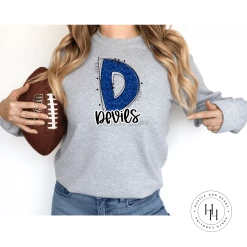 Hustle & Heart NC School Doodle Designs Devils Blue Glitter Varsity Doodle