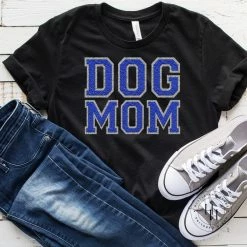 Hustle And Heart NC DOG MOM Blue/Silver Faux Chenille Letters Graphic Tee Faux Chenille And Glitter Letter Patch Tees