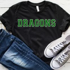 Hustle And Heart NC Faux Chenille And Glitter Letter Patch Tees Dragons Green/Silver Faux Chenille Letters Graphic Tee