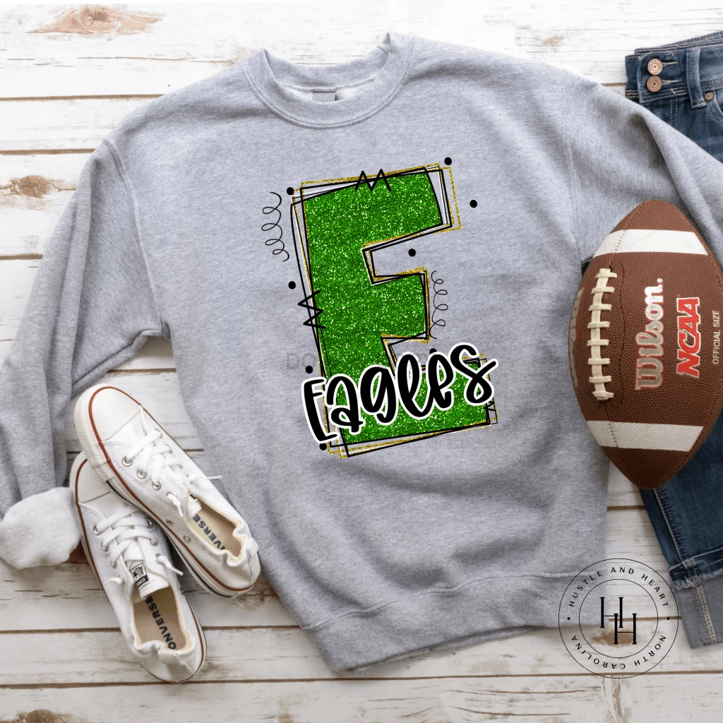 Hustle & Heart NC Eagles Green Glitter Varsity Doodle School Doodle Designs
