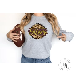 Hustle & Heart NC Faux Glitter Leopard Circle Designs East Alton Oilers Tan Leopard Circle Graphic Tee