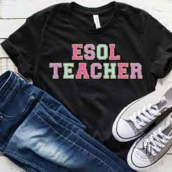Hustle And Heart NC Faux Chenille And Glitter Letter Patch Tees ESOL Teacher Hot Pink/Lilac/Mint/Gold Faux Chenille Letters Graphic Tee