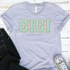 Hustle And Heart NC Faux Chenille And Glitter Letter Patch Tees GIGI Mint/Gold Faux Chenille Letters Graphic Tee