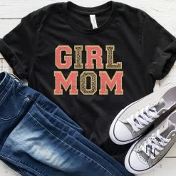 Hustle And Heart NC Girl Mom Coral/Leopard/Gold Faux Chenille Letters Graphic Tee Faux Chenille And Glitter Letter Patch Tees