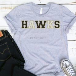 Hustle And Heart NC Hawks Black/Gold White/Gold Faux Chenille Letters Graphic Tee Faux Chenille And Glitter Letter Patch Tees