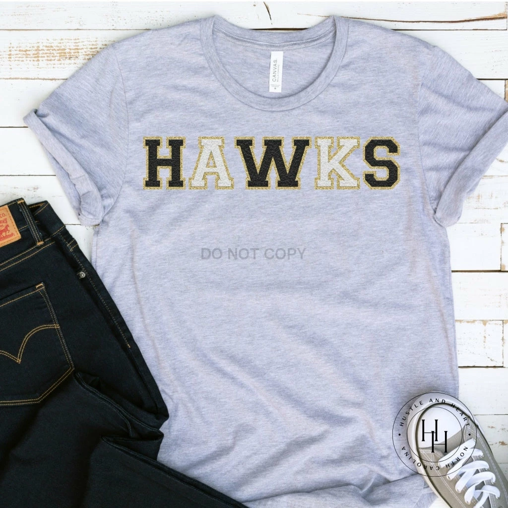 Hustle And Heart NC Hawks Black/Gold White/Gold Faux Chenille Letters Graphic Tee Faux Chenille And Glitter Letter Patch Tees